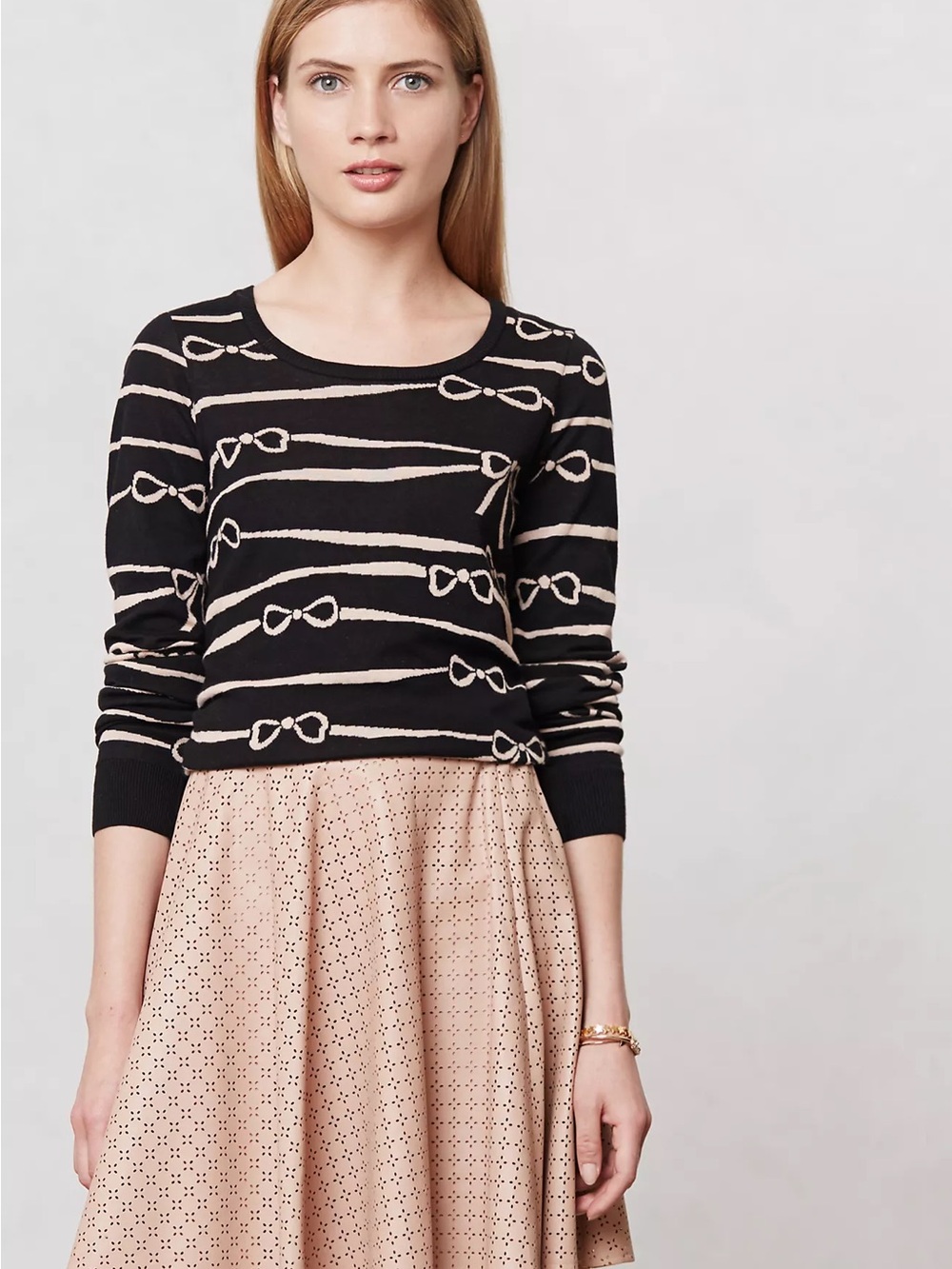 HRW Anthropologie Ribbon Ruled Bow Sweater Euc Small